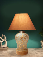 Conical Grey Cotton Shade Lamp with Wood & Mosaic Glass Base